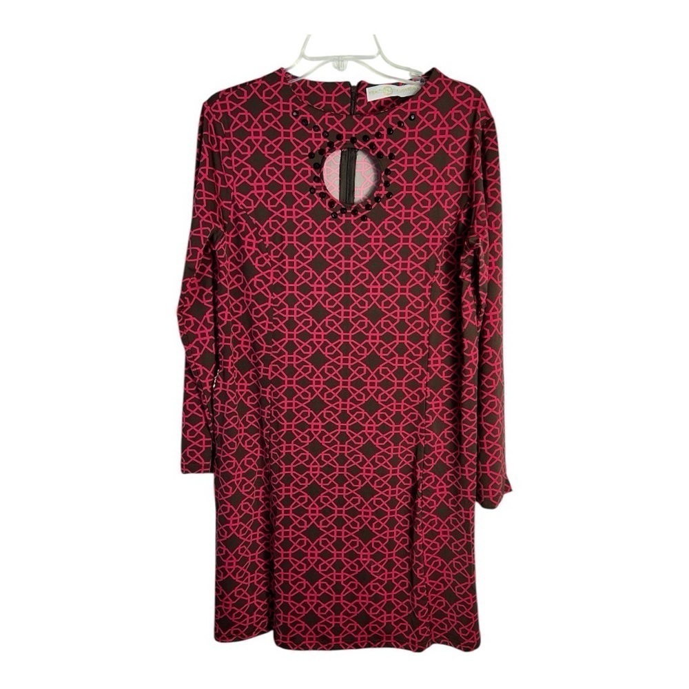 Tracy Negoshian Ginger Sheath Dress Octagon Geo Brown Pink Long Sleeve NWT Sz L